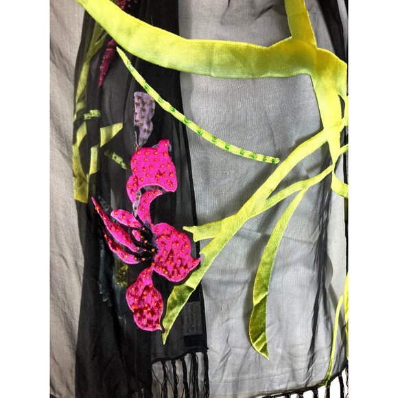 Sue Wong Noctourne Chiffon & Cut Silk Floral Bird Scarf Black - Picture 2 of 4
